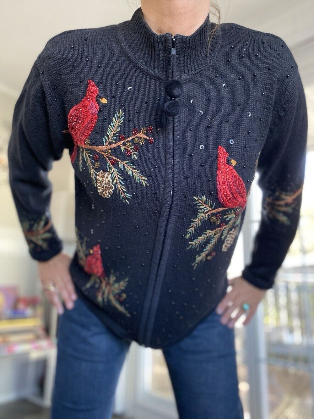 TIARA INTERNATIONAL Cardinal CHRISTMAS COLLECTION SWEATER Birds Sequin M